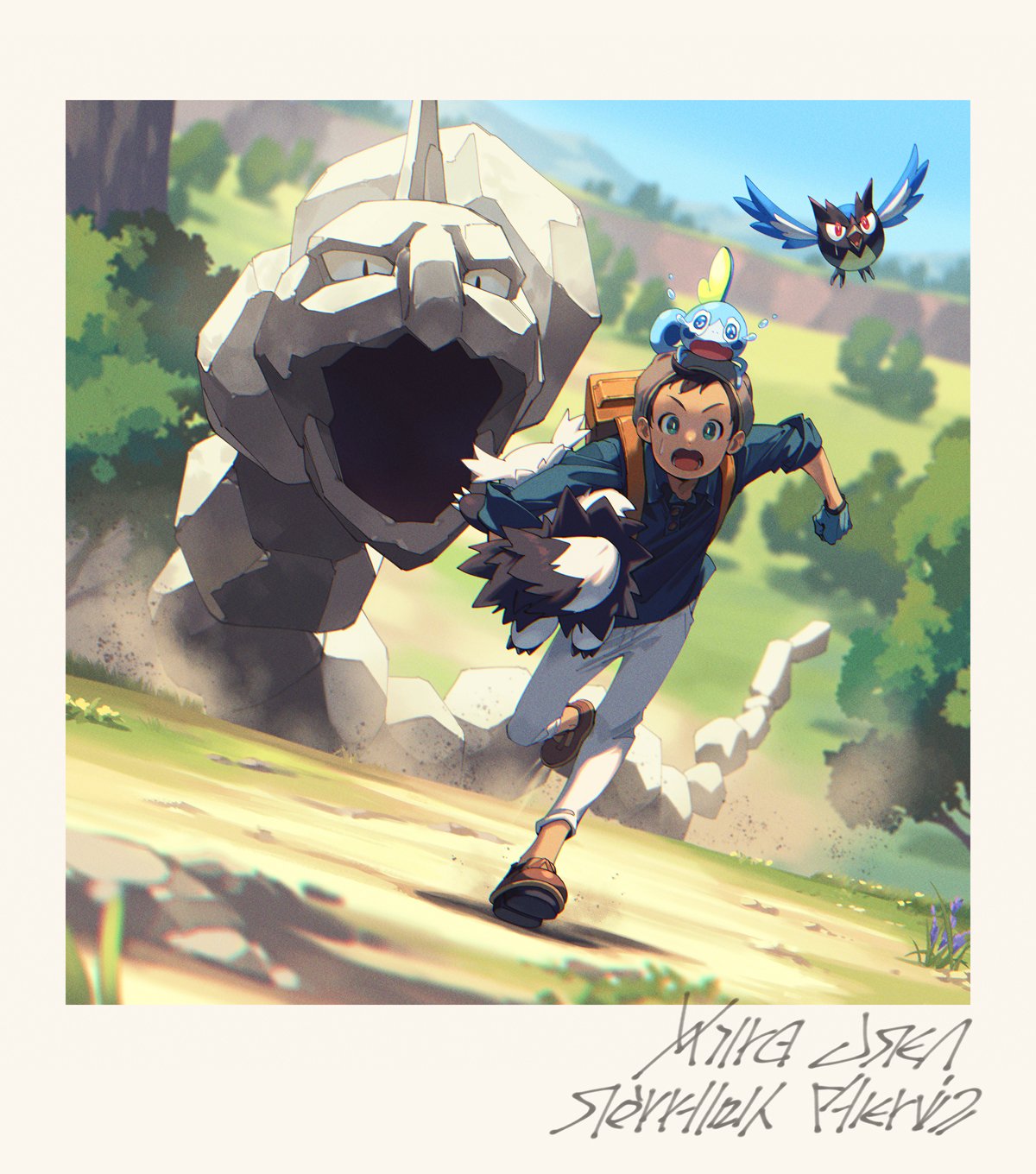 1boy backpack bag beanie blue_eyes blue_gloves blue_shirt blue_sky blurry blurry_background border brown_bag brown_footwear brown_hair chasing clouds commentary_request crying crying_with_eyes_open day dirt flower flying galarian_zigzagoon gloves grass grey_headwear hat highres holding holding_pokemon long_sleeves mountain on_head onix open_mouth outdoors pants pokemon pokemon_(creature) pokemon_(game) pokemon_on_head pokemon_swsh purple_flower red_eyes rock rookidee running scared shirt shoes short_hair sky sobble sweatdrop tears tree victor_(pokemon) white_border white_pants zinnkousai3850