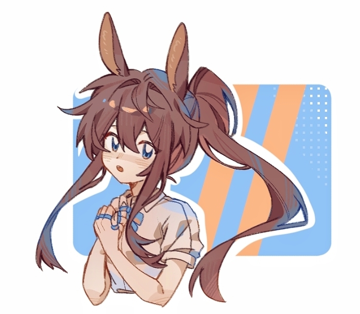 1girl amiya_(arknights) animal_ears arknights blue_bow blue_eyes blush bow brown_hair brown_shirt collared_shirt commentary_request cropped_torso dress_shirt hair_between_eyes hands_up jewelry long_hair looking_at_viewer own_hands_together parted_lips ponytail rabbit_ears ring shirt sidelocks simple_background solo upper_body very_long_hair wanniangugulanxiang white_background