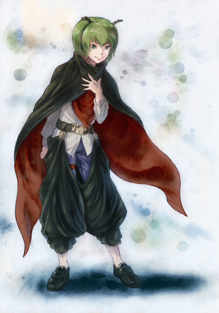 1girl androgynous antennae baten_(gei-vorugu) belt belt_buckle black_belt black_cape black_footwear blue_shorts buckle cape closed_mouth full_body green_eyes green_hair hand_on_own_chest leaning_forward long_sleeves no_socks puffy_pants shirt short_hair shorts simple_background solo standing touhou white_shirt wriggle_nightbug