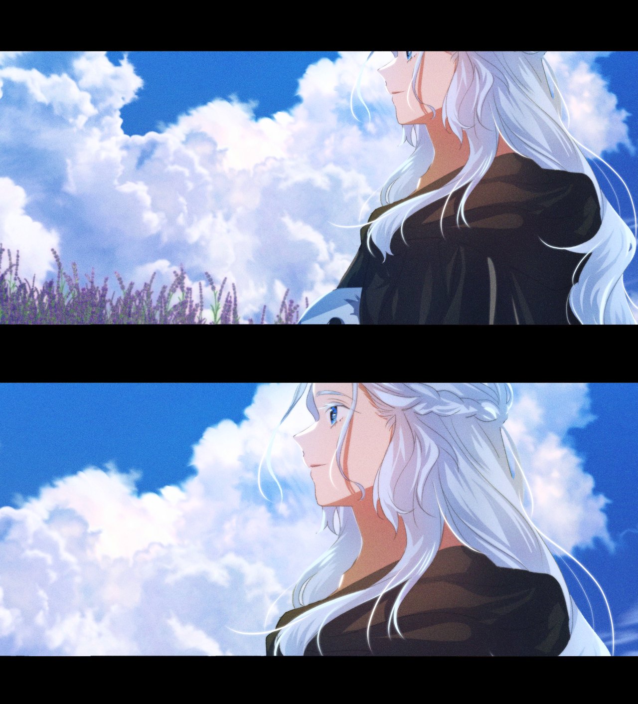 1girl black_capelet blue_eyes blue_sky braid capelet clouds cloudy_sky colored_eyelashes day film_grain final_fantasy final_fantasy_xiv flower from_side grass hair_strand half_updo highres hood hood_down hooded_capelet letterboxed long_hair looking_afar looking_ahead mask mask_around_neck mask_removed multiple_views outdoors parted_lips portrait profile purple_flower single_braid sky sl_selas smile venat_(ff14) wavy_hair white_hair