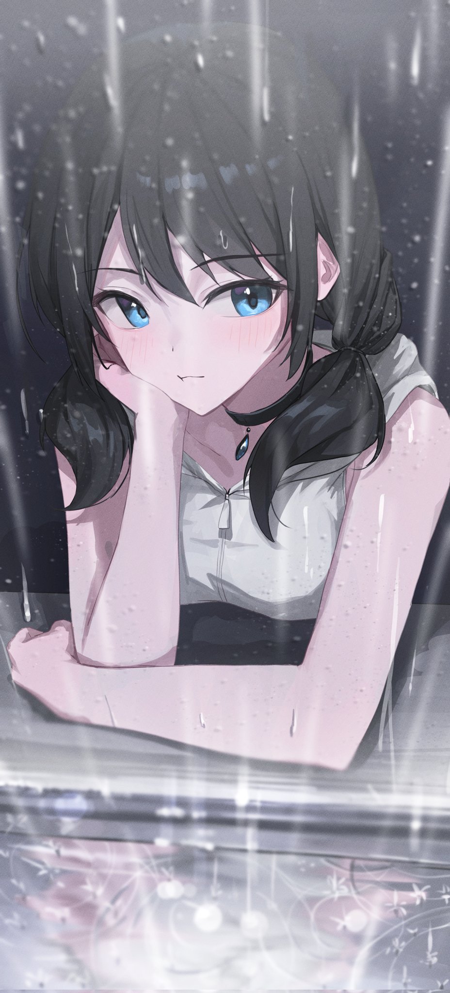1girl amano_hina_(tenki_no_ko) arm_support black_choker blue_eyes blush breasts choker expressionless gnns hand_on_own_cheek hand_on_own_face highres hood hoodie low_twintails medium_breasts rain sidelocks sleeveless sleeveless_hoodie sleeveless_jacket solo tenki_no_ko twintails white_hoodie window zipper