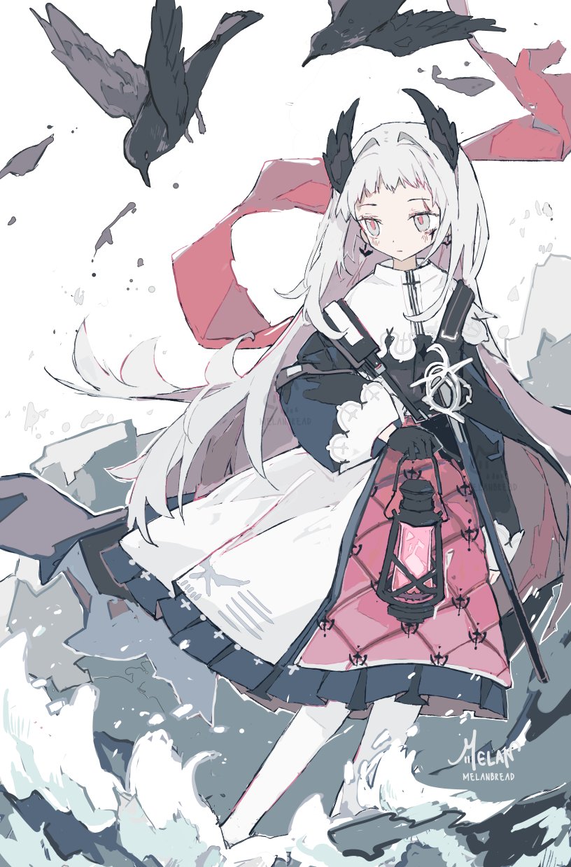 1girl arknights artist_name bird black_dress cape capelet closed_mouth crow dress english_commentary expressionless feet_out_of_frame grey_eyes head_wings highres holding holding_lantern irene_(arknights) lantern long_hair long_sleeves melanbread pantyhose puffy_long_sleeves puffy_sleeves rapier red_cape scar scar_across_eye sheath sheathed sword very_long_hair water waves weapon white_capelet white_pantyhose