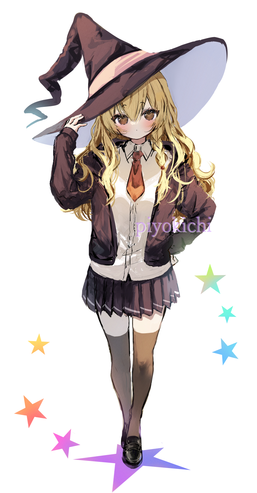 1girl adapted_costume blonde_hair full_body hand_in_pocket hand_on_hip hat hat_ornament highres jacket kirisame_marisa long_hair looking_at_viewer necktie piyokichi pleated_skirt shirt shoes skirt solo standing star_(symbol) star_hat_ornament thigh-highs touhou witch_hat