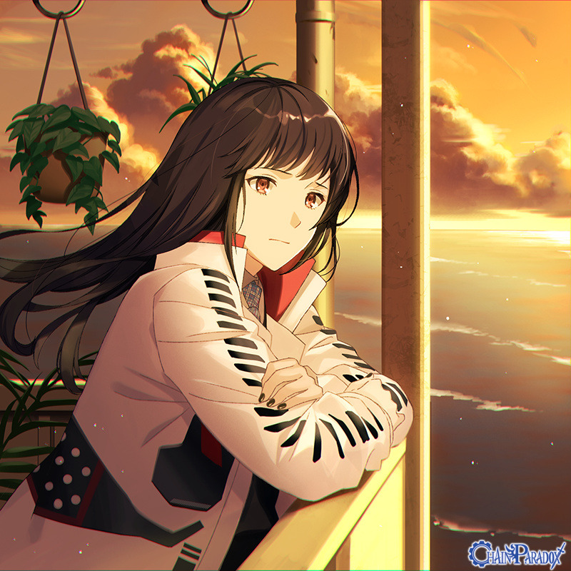 1girl black_nails brown_eyes brown_hair chain_paradox clouds commission copyright_name hatorihatelier jacket leaning_on_rail long_hair outdoors plant potted_plant sunset upper_body water white_jacket yellow_sky