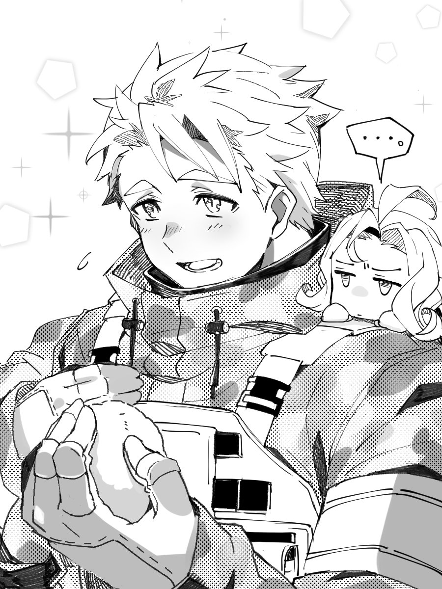 ... 2boys ahoge blush commentary cupid_(housamo) curly_hair flying_sweatdrops furrowed_brow gloves greyscale highres holding holding_snowball hood hooded_jacket jacket jitome looking_at_object male_focus monochrome multiple_boys nizitarosan open_mouth plate_carrier short_hair sideburns smile snowball sparkle_background speech_bubble tareme tennouji_shin'ya tokyo_afterschool_summoners upper_body