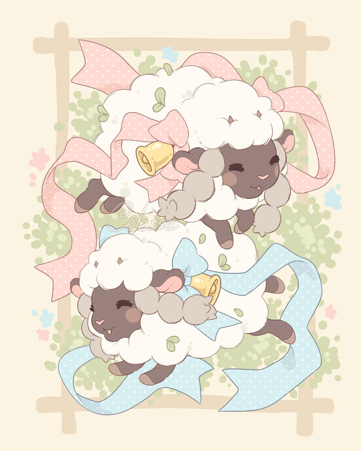 2others :3 bell blue_ribbon blush_stickers border brown_background brown_border closed_eyes grass hooves jumping leaf multiple_others open_mouth pokemon pokemon_(creature) red_ribbon ribbon samantha_whitten sheep watermark wooloo