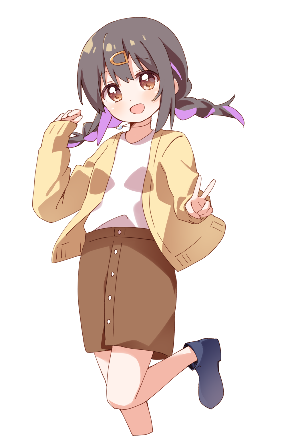 1girl :d alternate_hairstyle arm_up black_footwear black_hair braid brown_eyes brown_skirt cardigan casual colored_inner_hair cropped_legs dot_nose foot_out_of_frame foreshortening hair_ornament hairclip hand_up haru_(konomi_150) highres jewelry leg_up long_hair low_twintails multicolored_hair namori_(style) necklace no_socks onii-chan_wa_oshimai! open_cardigan open_clothes open_mouth oyama_mihari pendant purple_hair shirt shirt_tucked_in simple_background skirt sleeves_past_wrists smile solo standing twin_braids twintails two-tone_hair v white_background white_shirt yellow_cardigan