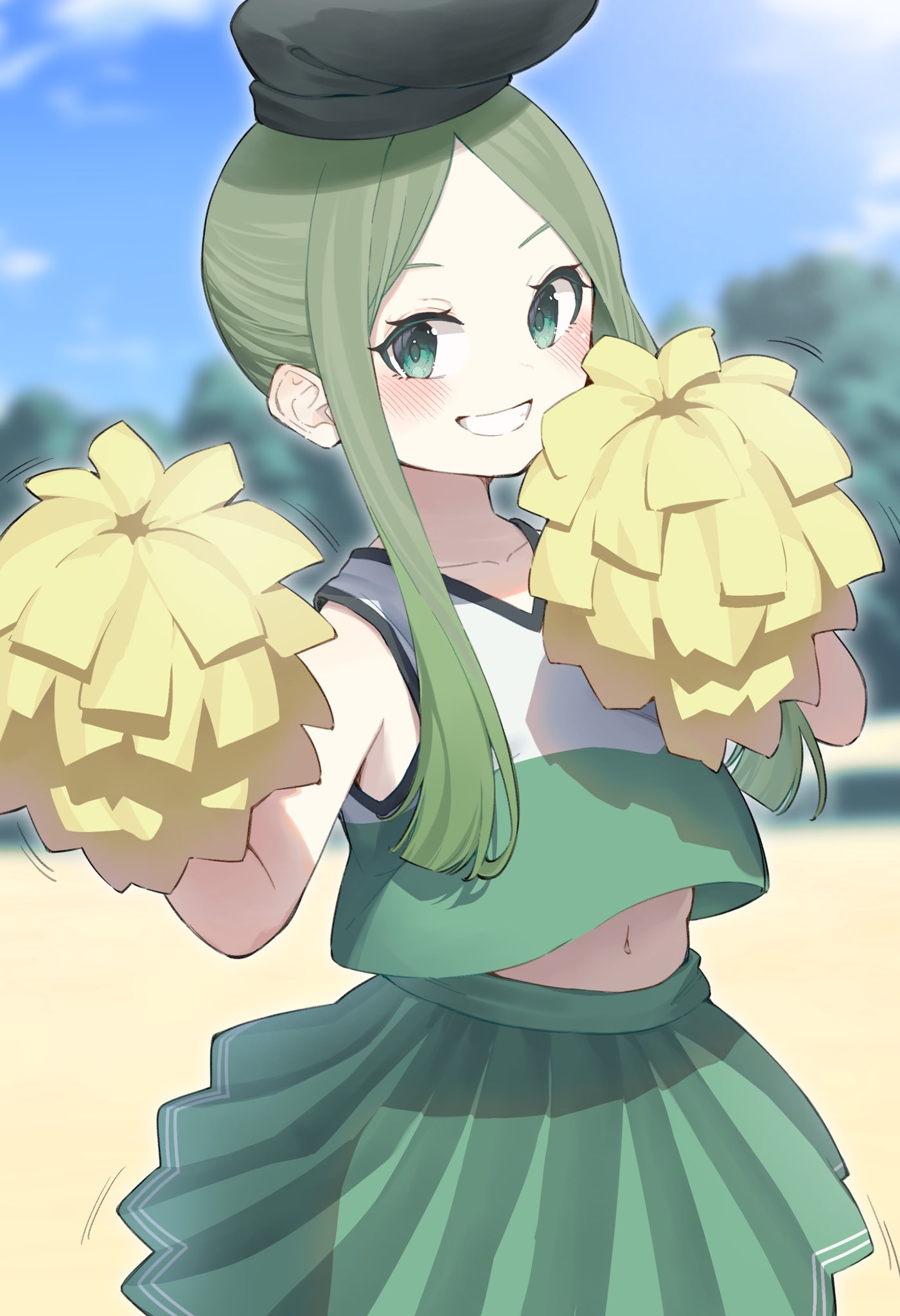 1girl alternate_costume black_headwear blurry blurry_background blush cheerleader collarbone day garasuno green_eyes green_hair green_skirt grin hat highres holding holding_pom_poms motion_lines navel pleated_skirt pom_pom_(cheerleading) short_hair_with_long_locks sidelocks skirt smile solo teireida_mai touhou