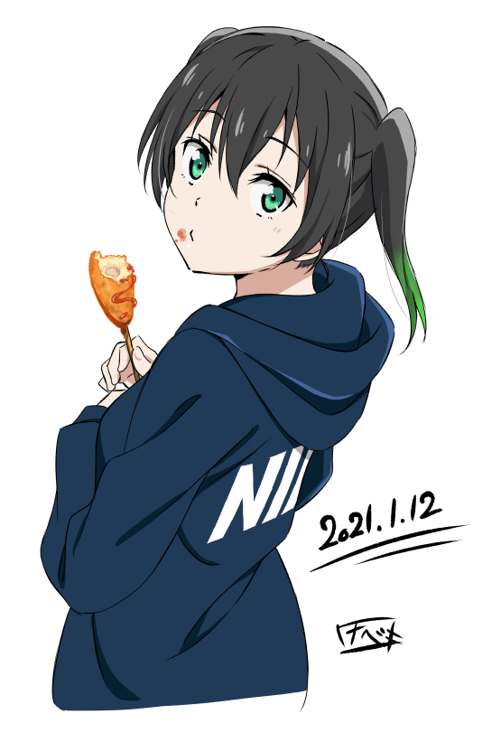 1girl black_hair blue_hoodie closed_mouth clothes_writing corn_dog cropped_torso dated eating fingernails food food_on_face from_behind gradient_hair green_eyes hair_between_eyes holding holding_food hood hoodie looking_at_viewer looking_back love_live! love_live!_nijigasaki_high_school_idol_club medium_hair multicolored_hair signature solo streaked_hair takasaki_yuu twintails watanabe_keisuke white_background