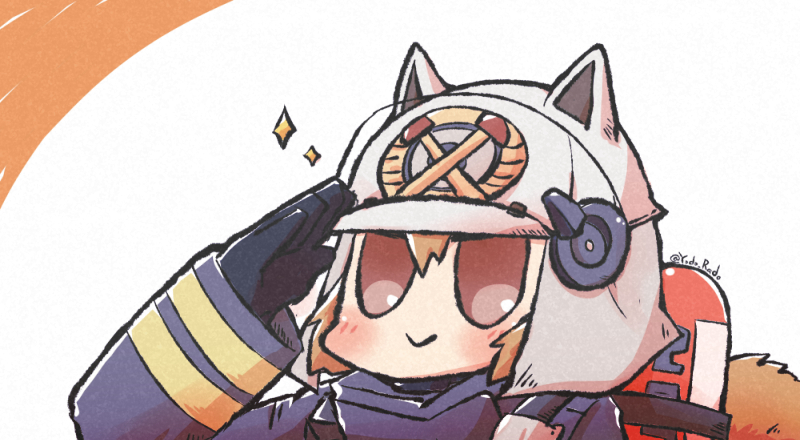1girl animal_ears animal_helmet arknights arm_up black_gloves black_jacket blush brown_background brown_eyes brown_hair chibi closed_mouth fake_animal_ears firefighter_jacket gloves hair_between_eyes jacket long_sleeves salute shaw_(arknights) sleeves_past_wrists smile solo sparkle squirrel_tail tail twitter_username two-tone_background upper_body white_background white_headwear yodo_rado