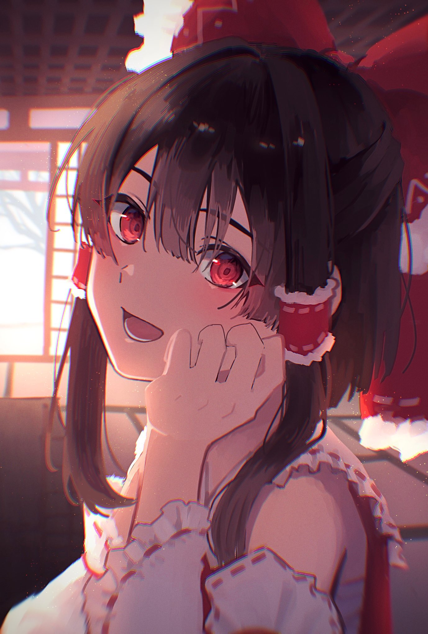 1girl :d backlighting bare_shoulders bo_cota bow chromatic_aberration detached_sleeves frilled_bow frills hair_between_eyes hair_bow hair_tubes hakurei_reimu hand_up highres looking_at_viewer lower_teeth_only open_mouth red_bow red_eyes ribbon-trimmed_sleeves ribbon_trim sarashi smile solo teeth touhou