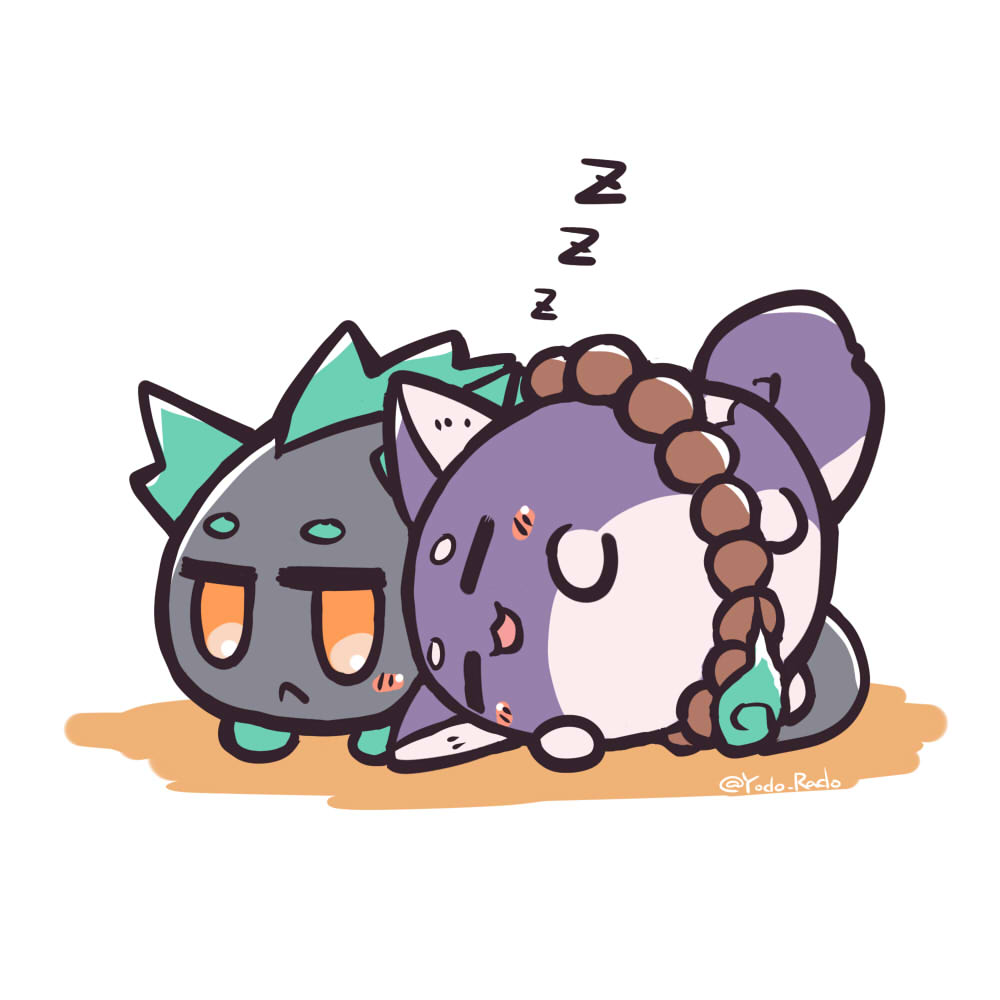 :3 :d arknights blush_stickers closed_eyes closed_mouth colored_shadow commentary_request dragon_bubble_(arknights) dusk_(arknights) light_frown lying on_side orange_eyes saga_(arknights) shadow short_eyebrows simple_background sleeping smile thick_eyebrows twitter_username white_background yodo_rado zzz