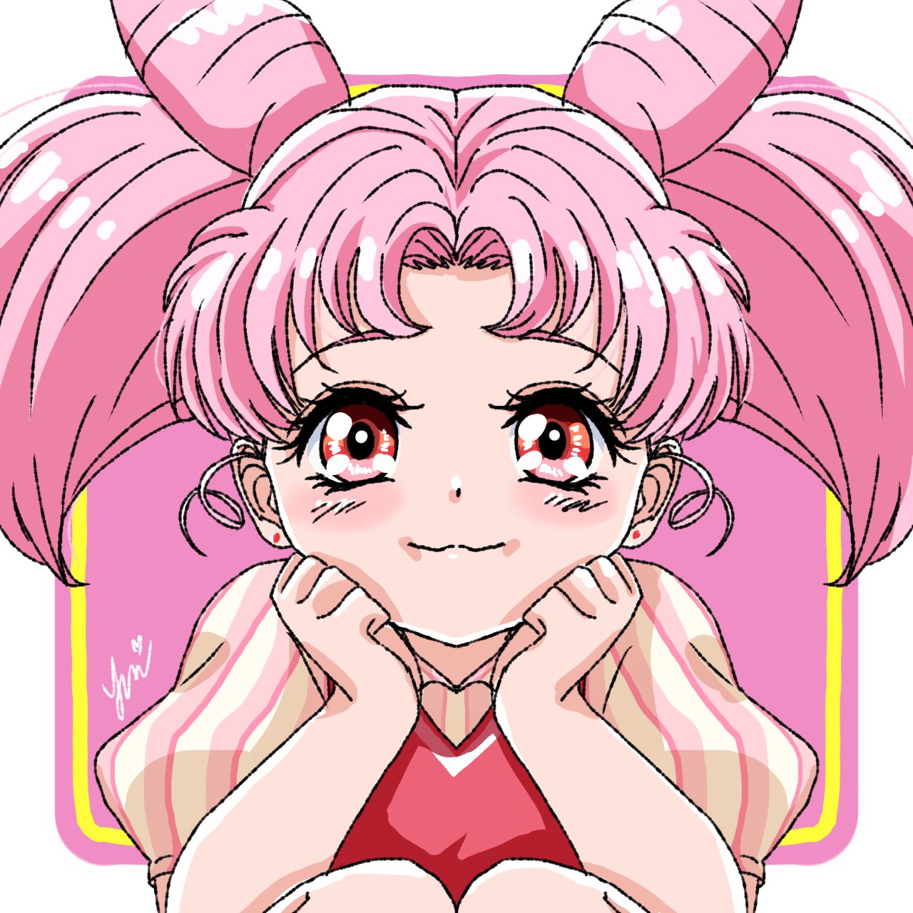 1girl :3 bishoujo_senshi_sailor_moon chibi_usa cone_hair_bun double_bun hair_bun highres parted_bangs pink_hair puffy_short_sleeves puffy_sleeves red_eyes short_hair short_sleeves short_twintails smile solo twintails yui_u86