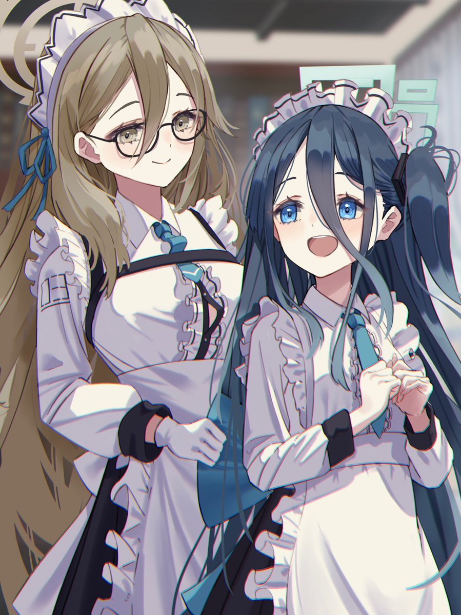 2girls absurdly_long_hair akane_(blue_archive) alternate_costume apron aris_(blue_archive) black_hair blue_archive blue_eyes brown_eyes glasses gloves halo komakomapanic light_brown_hair long_hair maid maid_apron maid_headdress multiple_girls necktie one_side_up smile very_long_hair white_gloves