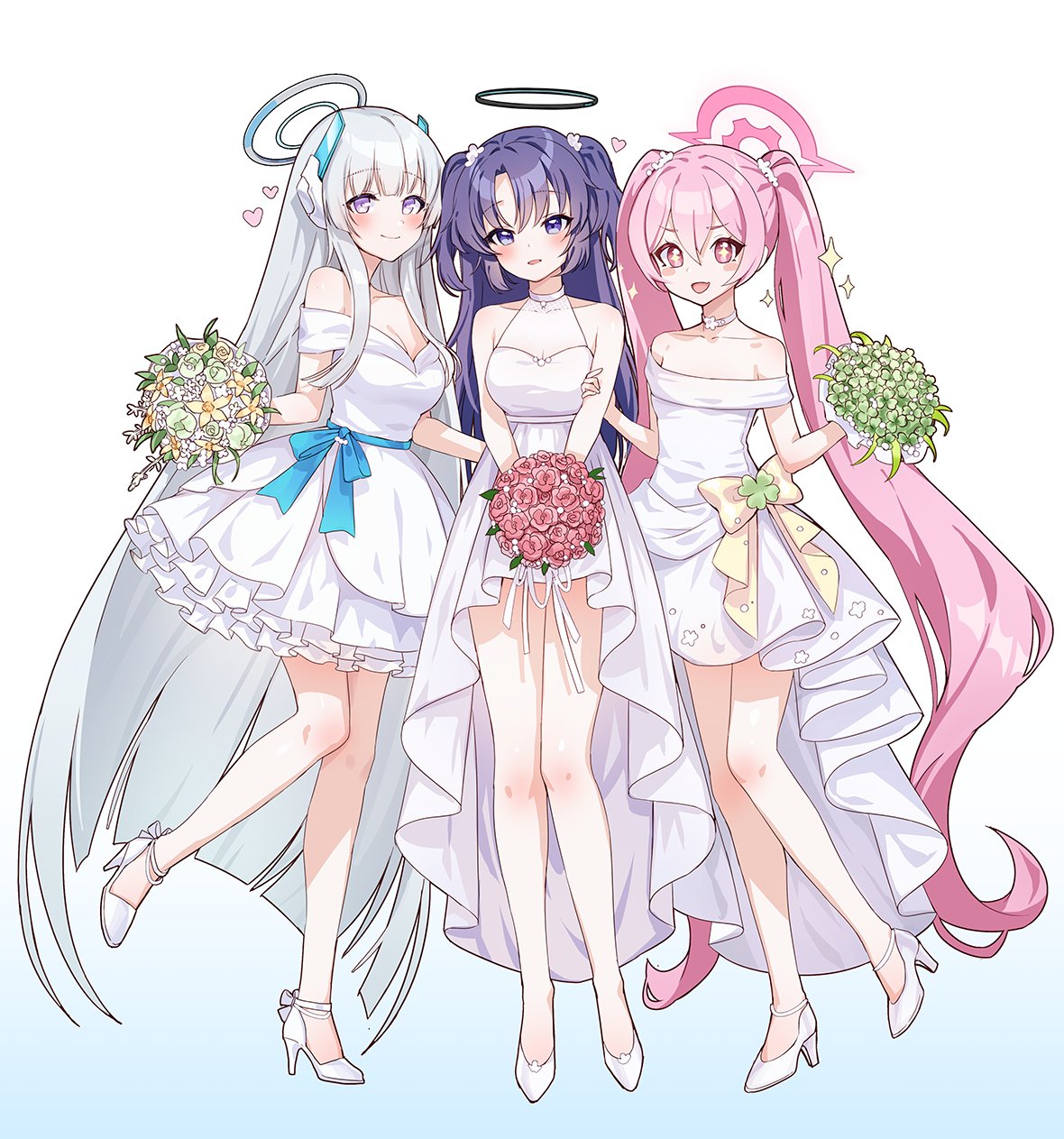 +_+ 3girls :d alternate_costume bare_shoulders blue_archive blunt_bangs bouquet choker collarbone commentary_request detached_sleeves dress flower frilled_dress frills full_body hair_between_eyes hair_flower hair_ornament halo headgear high_heels highres holding holding_bouquet koyuki_(blue_archive) long_hair looking_at_viewer multiple_girls noa_(blue_archive) parted_bangs picter pink_eyes pink_hair purple_hair see-through short_sleeves sidelocks simple_background sleeveless smile sparkle standing standing_on_one_leg strapless strapless_dress twintails two_side_up violet_eyes wedding_dress white_background white_choker white_dress white_footwear white_hair yuuka_(blue_archive)