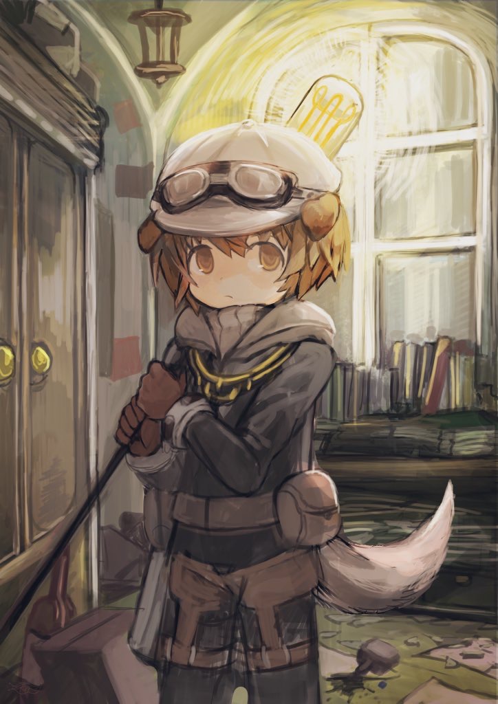 1boy animal_ears arknights black_jacket black_pants book brown_eyes brown_gloves brown_hair buchi0122 cabbie_hat closed_mouth commentary_request gloves goggles goggles_on_head grey_shirt greyy_(arknights) hair_between_eyes hat holding indoors jacket long_sleeves looking_at_viewer male_focus pants ribbed_shirt shirt solo standing tail white_headwear window