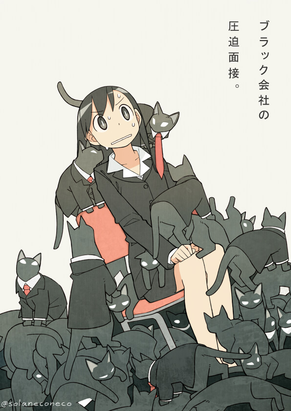 1girl animal_on_lap animal_on_shoulder black_cat black_eyes black_hair black_jacket black_skirt bright_pupils cat commentary_request formal jacket long_hair long_sleeves necktie nervous on_chair on_lap original red_necktie shirt simple_background sitting skirt skirt_suit solo suit sweat too_many too_many_cats translation_request twitter_username white_pupils white_shirt yukihiroyuki