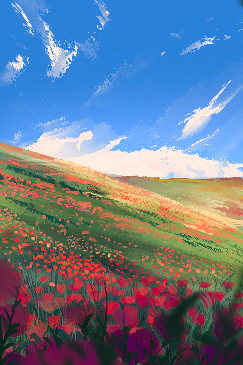 blue_sky clouds flower grass highres landscape no_humans original outdoors rajawat red_flower scenery sky