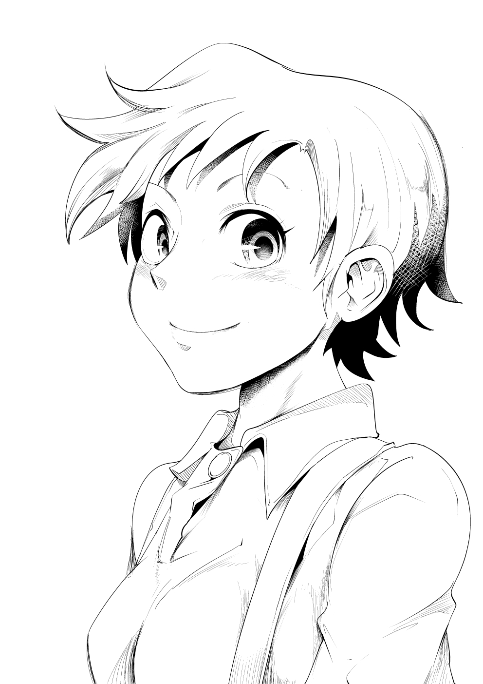 1girl breasts clip_studio_paint_(medium) commentary greyscale hatching_(texture) highres kusakabe_satsuki medium_breasts monochrome niwatori_sennin polo_shirt portrait short_hair solo tonari_no_totoro