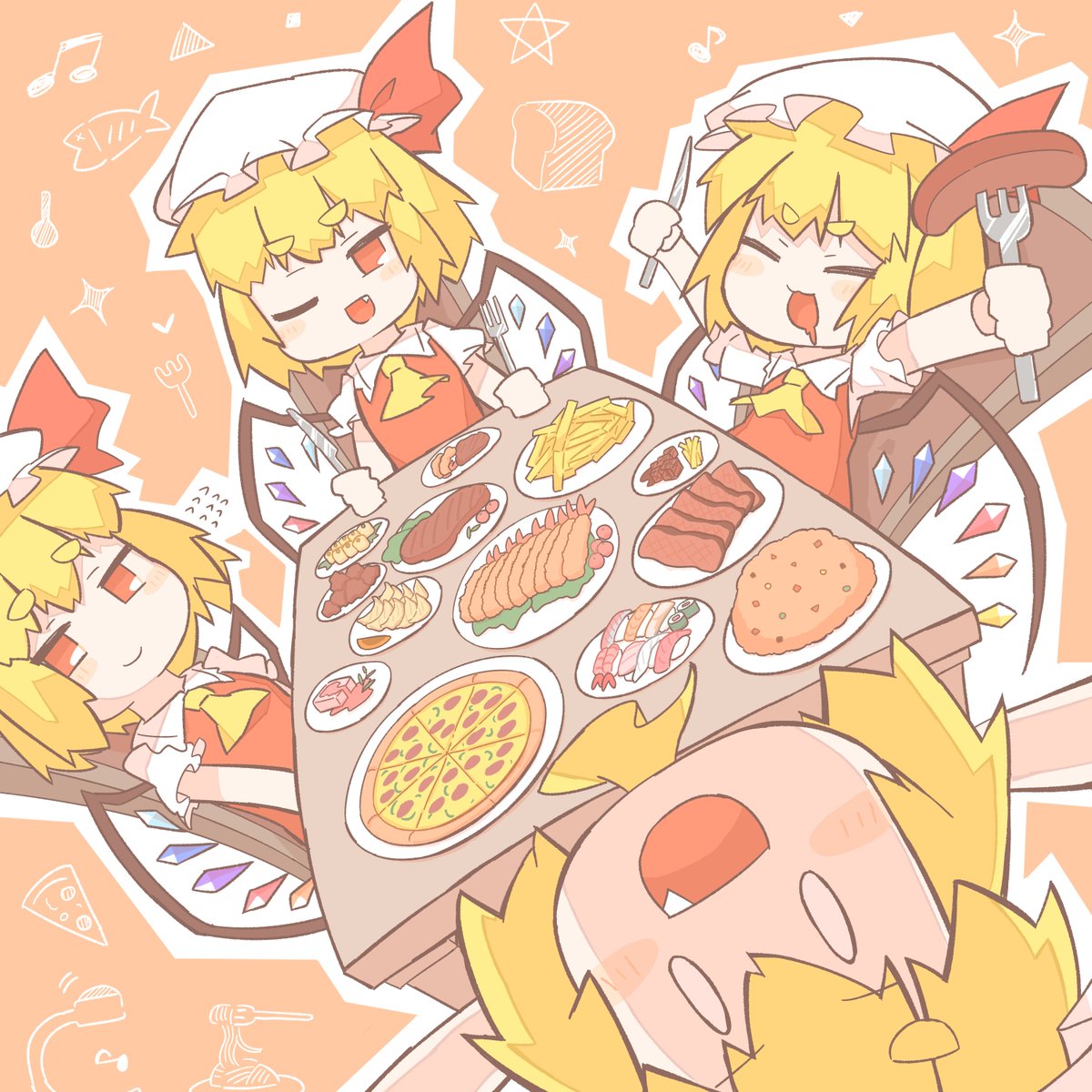 4girls blonde_hair bonnet clone crystal fang flandre_scarlet food highres holding_utensil looking_at_viewer multiple_girls one_eye_closed red_ribbon ribbon sitting table touhou wings zenerat