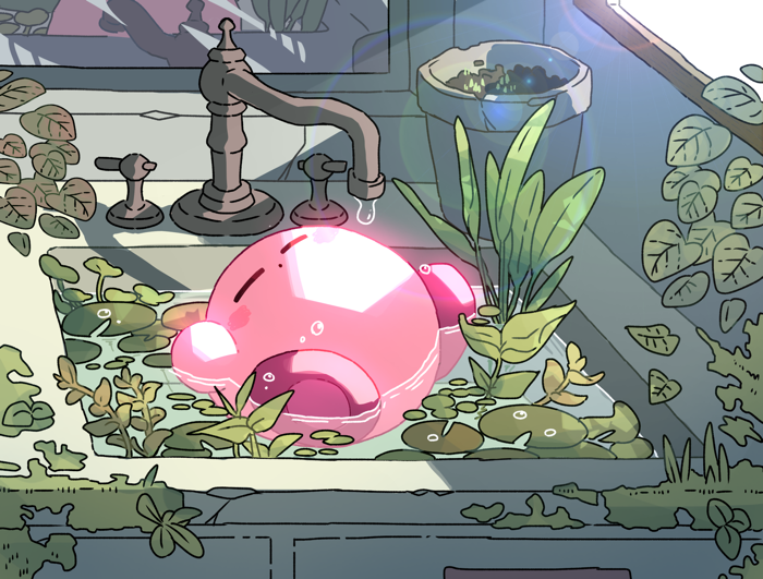 :o afloat blush blush_stickers closed_eyes closed_mouth counter faucet flower_pot in_water indoors kirby kirby_(series) leaf lens_flare light_rays lily_pad mirror moss mutekyan no_humans overgrown partially_submerged plant sink sunlight vines water water_drop window