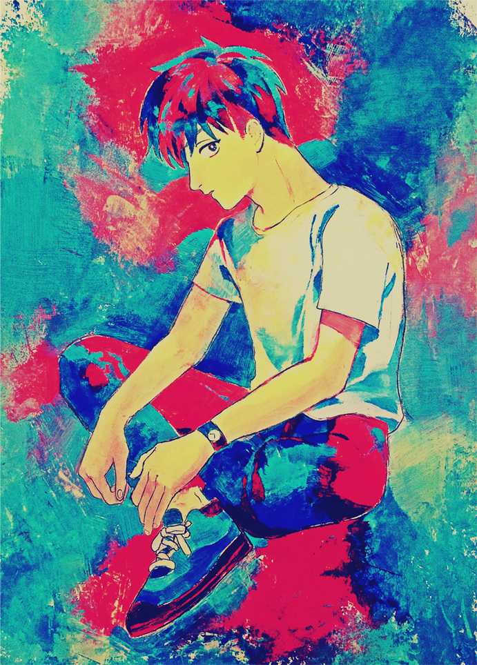 1boy abstract_background from_side indian_style limited_palette looking_to_the_side male_focus original pants profile sharp911 shirt shoes short_sleeves sitting sneakers solo t-shirt watch watch