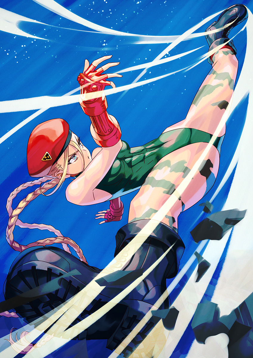 1girl abs antenna_hair bare_legs bare_shoulders beret black_footwear blonde_hair blue_eyes braid breasts cammy_white camouflage fingerless_gloves gloves green_leotard groin hat highres kicking leotard night red_gloves sky small_breasts solo street_fighter street_fighter_ii_(series) twin_braids yagi2013