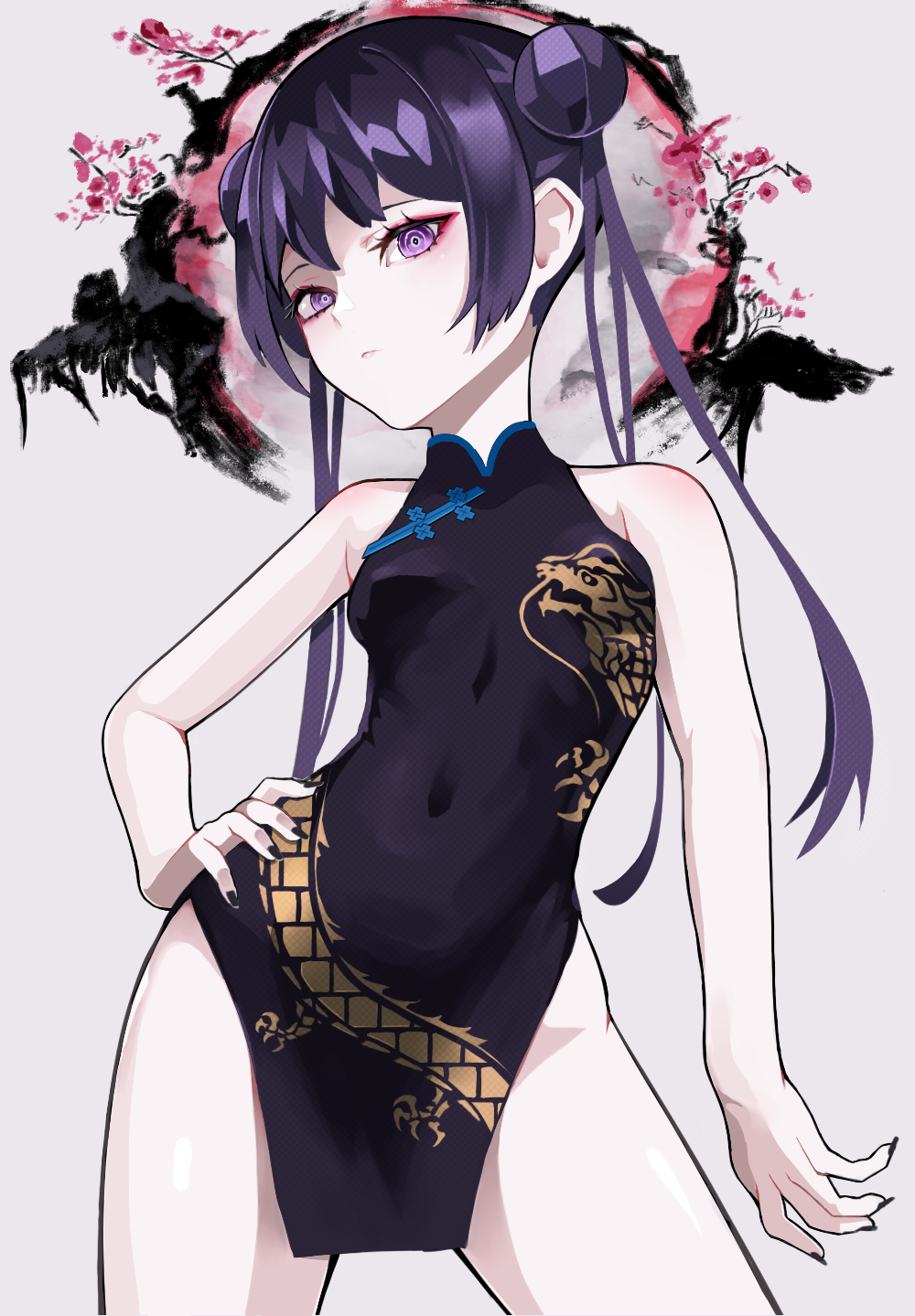 1girl bare_shoulders black_dress blue_archive china_dress chinese_clothes double_bun dragon_print dress expressionless hair_bun hair_ornament halo hand_on_hip highres kisaki_(blue_archive) long_hair long_sleeves looking_at_viewer pelvic_curtain print_dress purple_hair simple_background sleeveless sleeveless_dress solo tor_(torkrub111) twintails very_long_hair violet_eyes