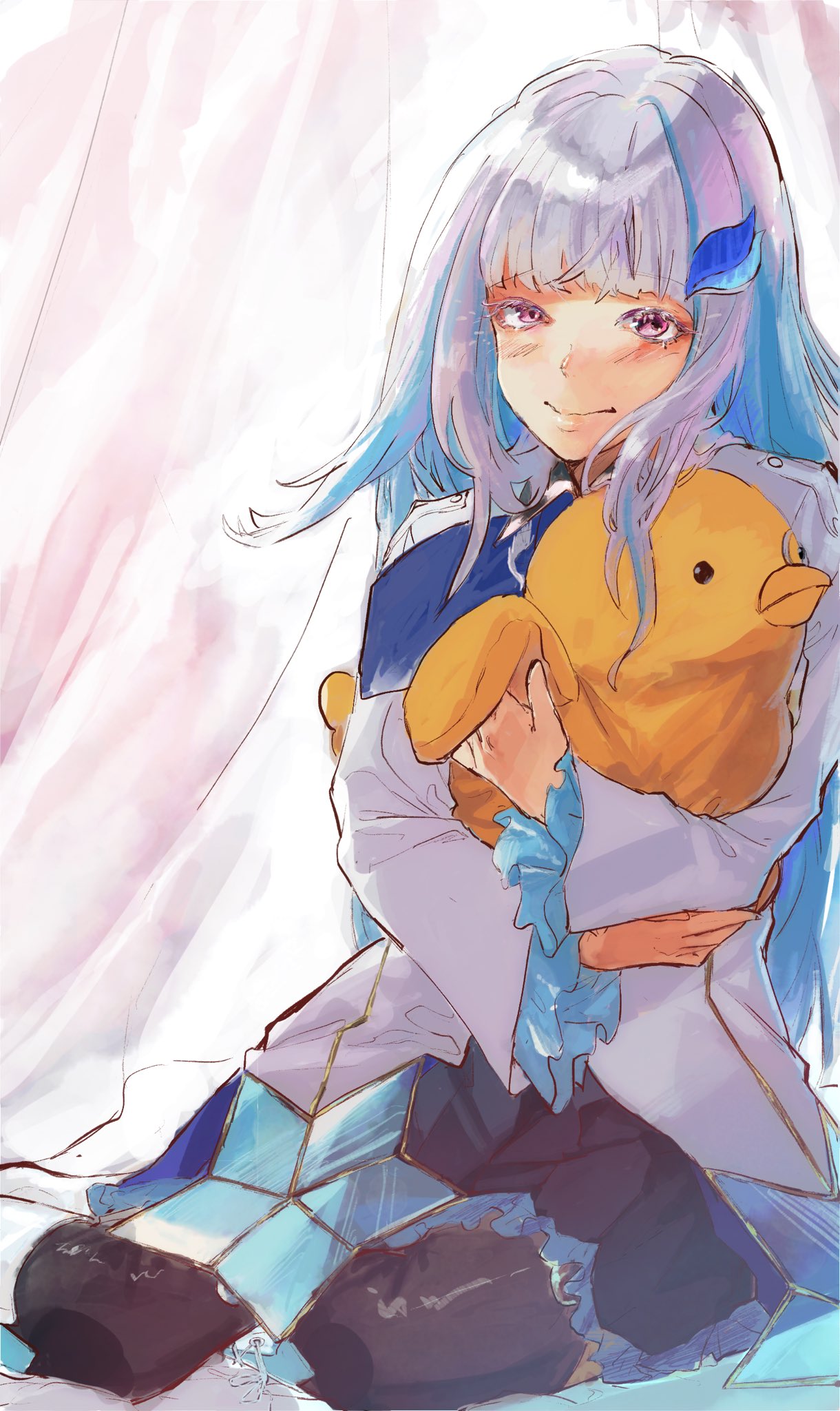 1girl bird blue_hair blunt_bangs blush boots closed_mouth colored_inner_hair curtains duck duckling eichi_hokkaido frilled_skirt frilled_sleeves frills full_body hair_flowing_over hair_ornament highres holding holding_to_chest jacket kneeling light lize_helesta long_sleeves looking_at_viewer medium_hair monocle multicolored_hair nijisanji sebastian_piyodore skirt smile stuffed_toy thigh-highs two-tone_hair violet_eyes virtual_youtuber white_background white_hair