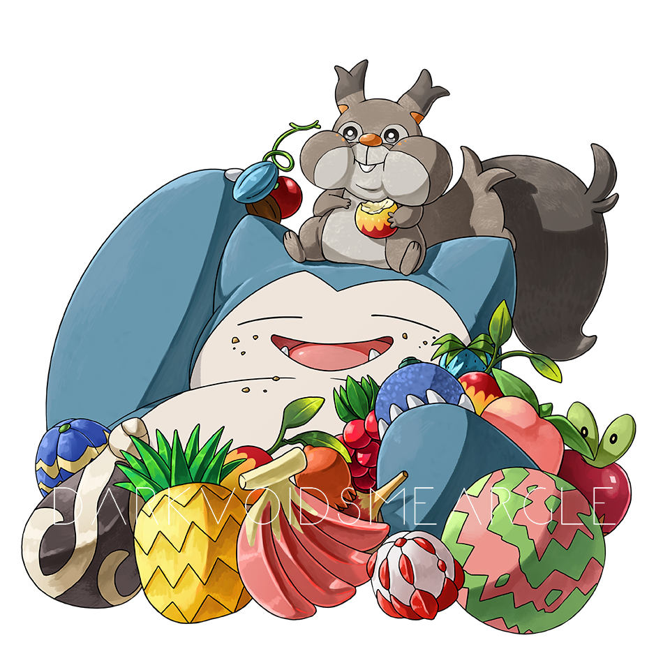 :d applin artist_name berry_(pokemon) closed_eyes commentary darkvoiddoble eating fangs food food_on_face holding no_humans open_mouth pokemon pokemon_(creature) skwovet smile snorlax tongue watermark white_background