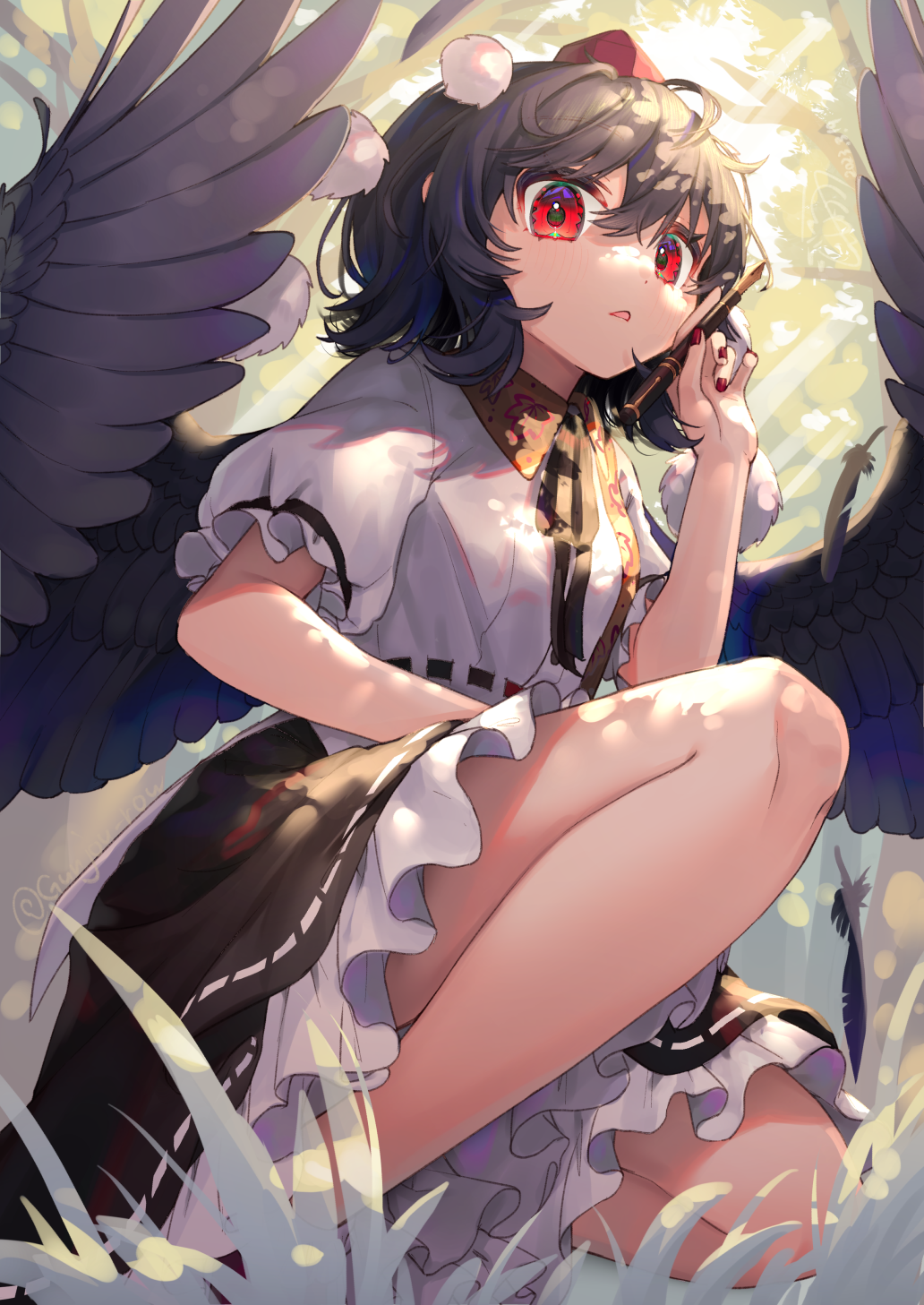 1girl black_hair black_ribbon black_skirt black_wings dappled_sunlight day feathered_wings frilled_skirt frilled_sleeves frills gunjou_row hat highres holding holding_pen looking_at_viewer nail_polish neck_ribbon one_knee outdoors parted_lips pen puffy_short_sleeves puffy_sleeves red_eyes red_headwear red_nails ribbon shameimaru_aya shirt short_hair short_sleeves skirt solo sunlight tokin_hat touhou white_shirt wings