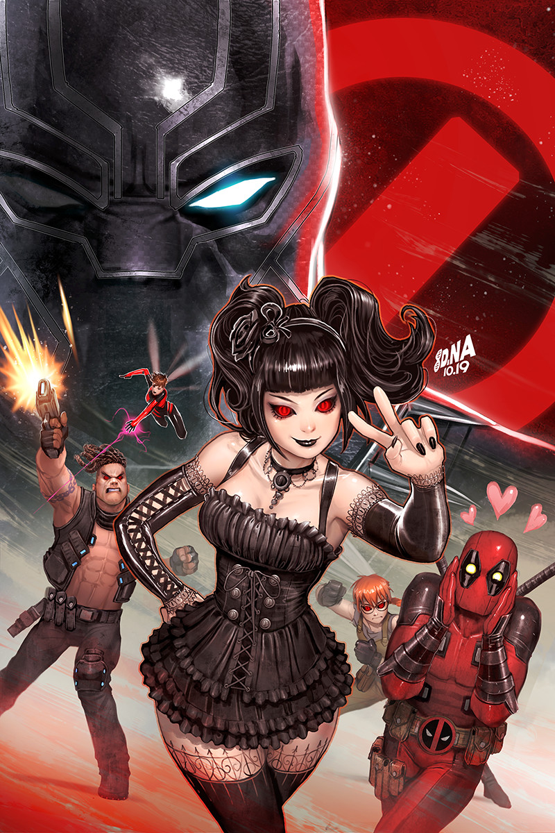 abs artist_name black_choker black_gloves black_hair black_lips black_nails black_panther_(marvel) black_pants black_sclera black_thighhighs character_request choker colored_sclera dated david_nakayama deadpool detached_sleeves english_text fingerless_gloves gloves gothic_lolita gun heart highres holding holding_gun holding_weapon katana lolita_fashion marvel open_clothes open_vest pants red_eyes short_hair short_twintails sword thigh-highs twintails v vest wasp_(marvel) weapon weapon_on_back