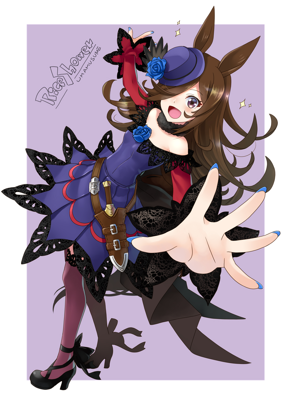 1girl animal_ears back_bow belt black_belt black_bow black_footwear black_thighhighs blue_flower blue_headwear blue_rose bow character_name commentary copyright_name dagger dress flower foreshortening from_side fur_collar hair_over_one_eye hat hat_flower high_heels highres horse_ears horse_girl horse_tail katahira_masashi knife long_bangs long_hair long_sleeves looking_at_viewer nail_polish off-shoulder_dress off_shoulder open_mouth outstretched_arm purple_dress purple_nails reaching_towards_viewer rice_shower_(umamusume) rose sheath sheathed short_dress smile solo sparkle standing tail thigh-highs tilted_headwear umamusume violet_eyes weapon