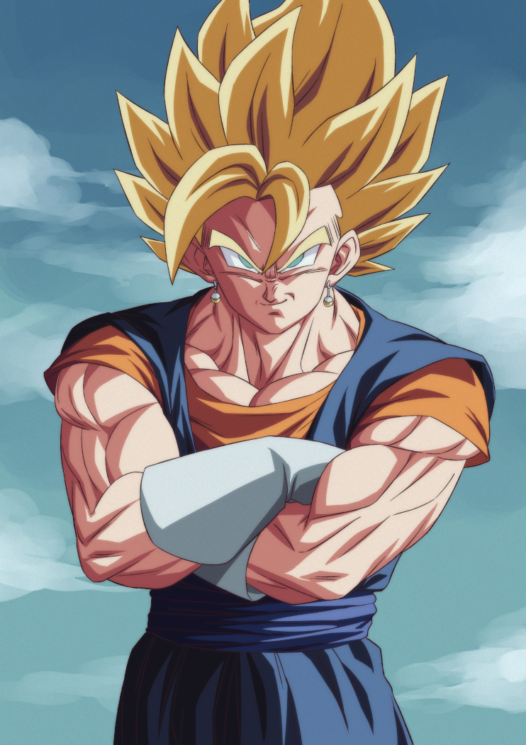 1boy blonde_hair blue_sky closed_mouth clouds commentary crossed_arms dougi dragon_ball dragon_ball_z earrings furrowed_brow gloves green_eyes hair_between_eyes hands_up jewelry looking_at_viewer male_focus muscular muscular_male potara_earrings rom_(20) sash short_sleeves sky smile smirk solo spiky_hair super_saiyan super_saiyan_1 upper_body v-shaped_eyebrows vegetto white_gloves