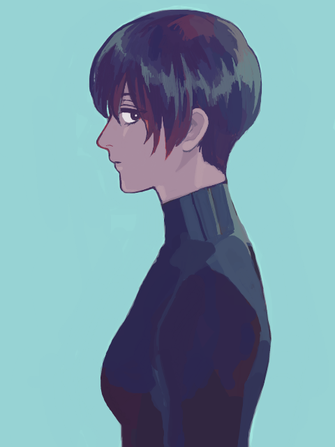 1girl black_eyes black_hair blue_background expressionless from_side half-closed_eyes looking_to_the_side original pixie_cut profile sharp911 shirt short_hair solo tight tight_shirt upper_body very_short_hair