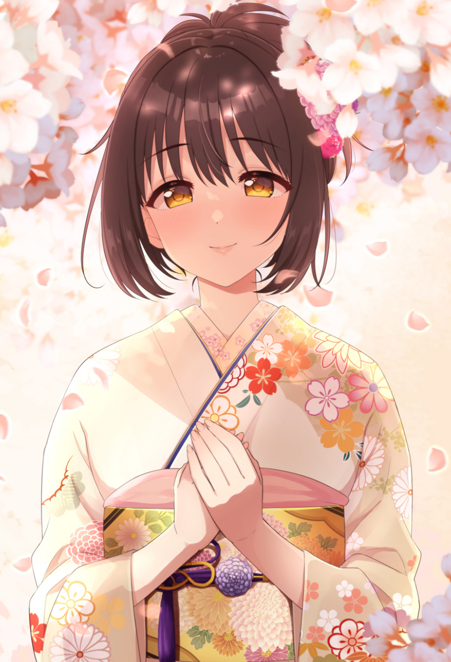 1girl black_hair blush bow cherry_blossoms closed_mouth dot_nose floral_print flower hair_flower hair_ornament hands_on_own_chest highres idolmaster idolmaster_cinderella_girls idolmaster_cinderella_girls_starlight_stage japanese_clothes kimono looking_at_viewer obi petals sash short_hair smile solo takafuji_kako tokita_arumi yellow_eyes