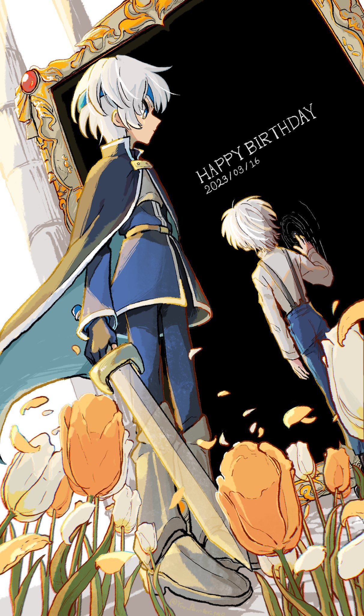 2boys armor black_cape blue_eyes blue_hairband blue_pants cape dual_persona flower hairband happy_birthday highres holding holding_sword holding_weapon long_sleeves looking_at_another madou_monogatari multiple_boys pants puyopuyo schezo_wegey shoulder_armor sword weapon white_hair yue_painter_sab