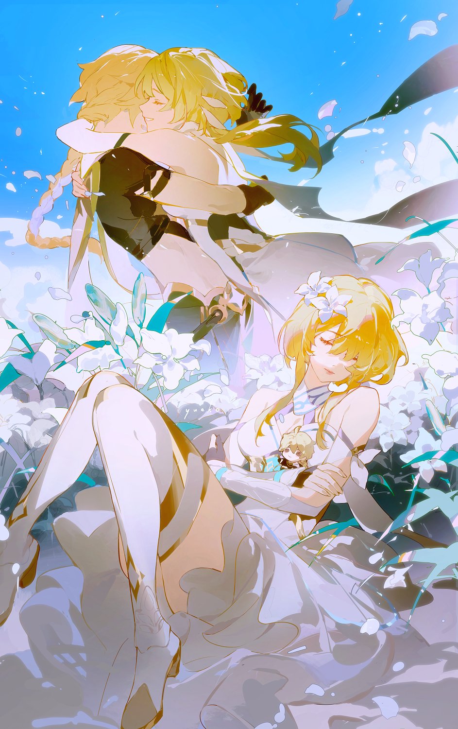 1boy 1girl aether_(genshin_impact) ahoge bare_shoulders black_gloves black_pants blonde_hair blue_sky boots braid breasts brother_and_sister brown_eyes brown_shirt character_doll closed_eyes closed_mouth clouds cloudy_sky day detached_sleeves doll dress feather_hair_ornament feathers flower genshin_impact gloves hair_between_eyes hair_flower hair_ornament hands_up happy highres hug leaf lily_(flower) lips long_hair long_sleeves lumine_(genshin_impact) medium_breasts outdoors pants petals scarf shirt short_hair short_hair_with_long_locks short_sleeves siblings sidelocks sitting sky smile star_(symbol) teeth white_dress white_flower white_footwear white_scarf yueko_(jiayue_wu)
