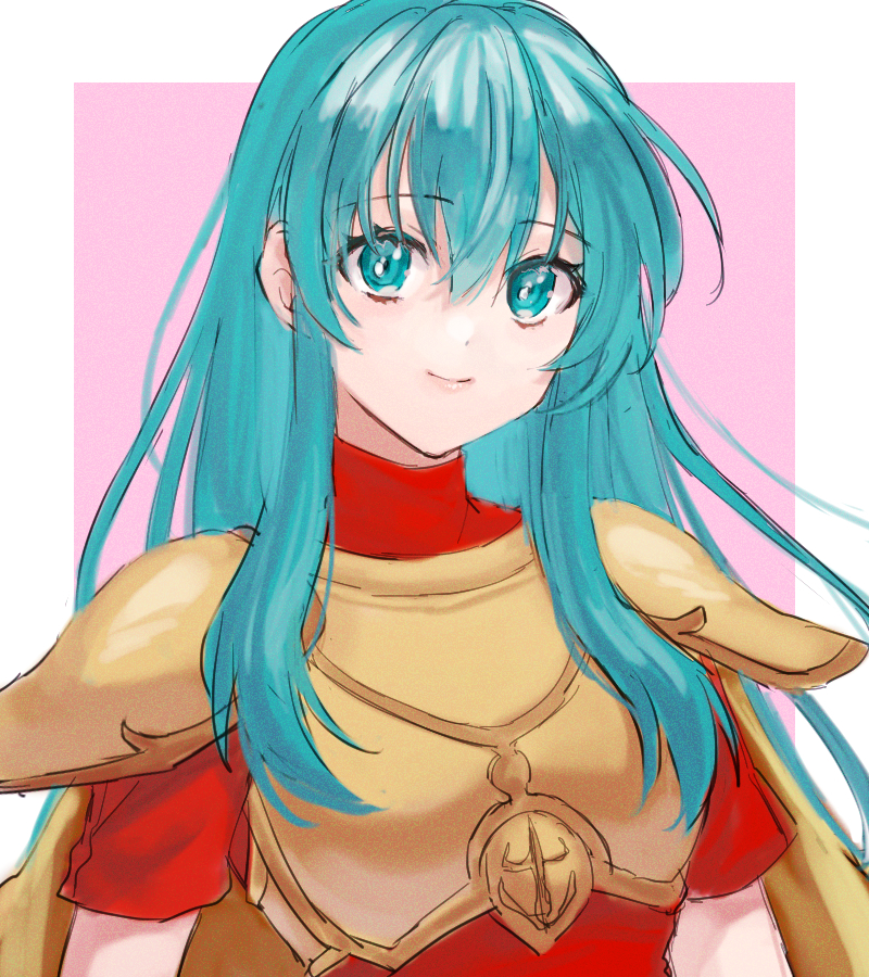 1girl aqua_eyes aqua_hair armor breastplate cape eirika_(fire_emblem) fire_emblem fire_emblem:_the_sacred_stones hair_between_eyes hazuki_(nyorosuke) long_hair looking_at_viewer red_shirt shirt shoulder_armor sidelocks simple_background smile solo upper_body