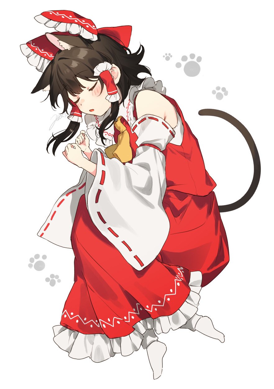 1girl animal_ear_fluff animal_ears bare_shoulders black_hair blush bow cat_ears cat_tail closed_eyes detached_sleeves from_side full_body hair_bow hair_tubes hakurei_reimu highres jill_07km kemonomimi_mode long_sleeves medium_hair open_mouth paw_print red_skirt red_vest ribbon-trimmed_sleeves ribbon_trim simple_background skirt sleeping solo tail touhou vest white_background