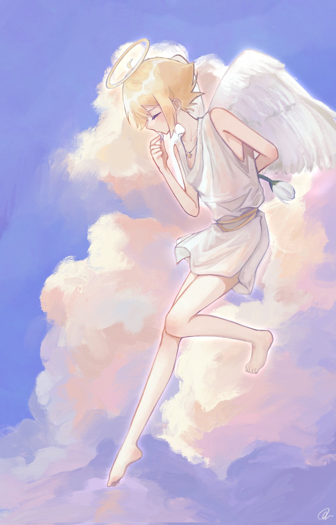 1boy alternate_costume angel angel_wings arm_behind_back barefoot basil_(omori) blonde_hair blue_sky blush closed_eyes closed_mouth clouds collarbone day flower from_side halo highres holding holding_flower omori outdoors rofekinoko short_hair sky solo wings