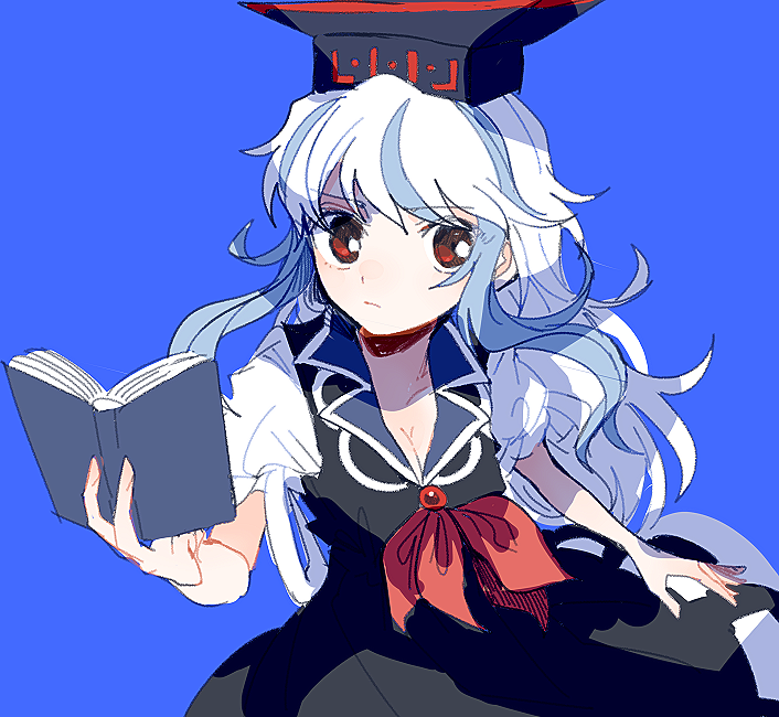 1girl blue_background blue_hair book closed_mouth collarbone dress furrowed_brow hand_up hat hatching_(texture) holding holding_book itomugi-kun kamishirasawa_keine linear_hatching long_hair looking_at_viewer multicolored_hair neckerchief puffy_short_sleeves puffy_sleeves red_eyes red_neckerchief serious short_sleeves simple_background solo streaked_hair tokin_hat touhou upper_body wavy_hair white_hair