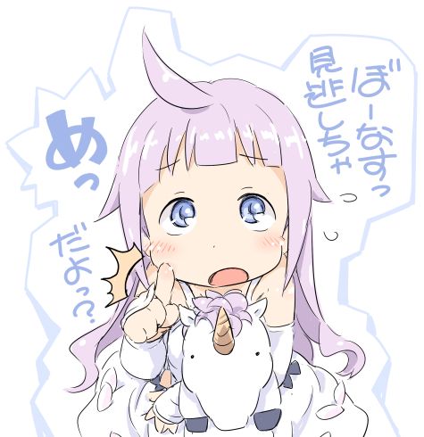 1girl ahoge azur_lane blue_eyes blush detached_sleeves dress female_child flying_sweatdrops furrowed_brow ham_(points) holding holding_stuffed_toy index_finger_raised light_purple_hair long_hair long_sleeves lowres open_mouth simple_background solo stuffed_toy stuffed_unicorn translation_request unicorn_(azur_lane) white_background white_dress white_sleeves