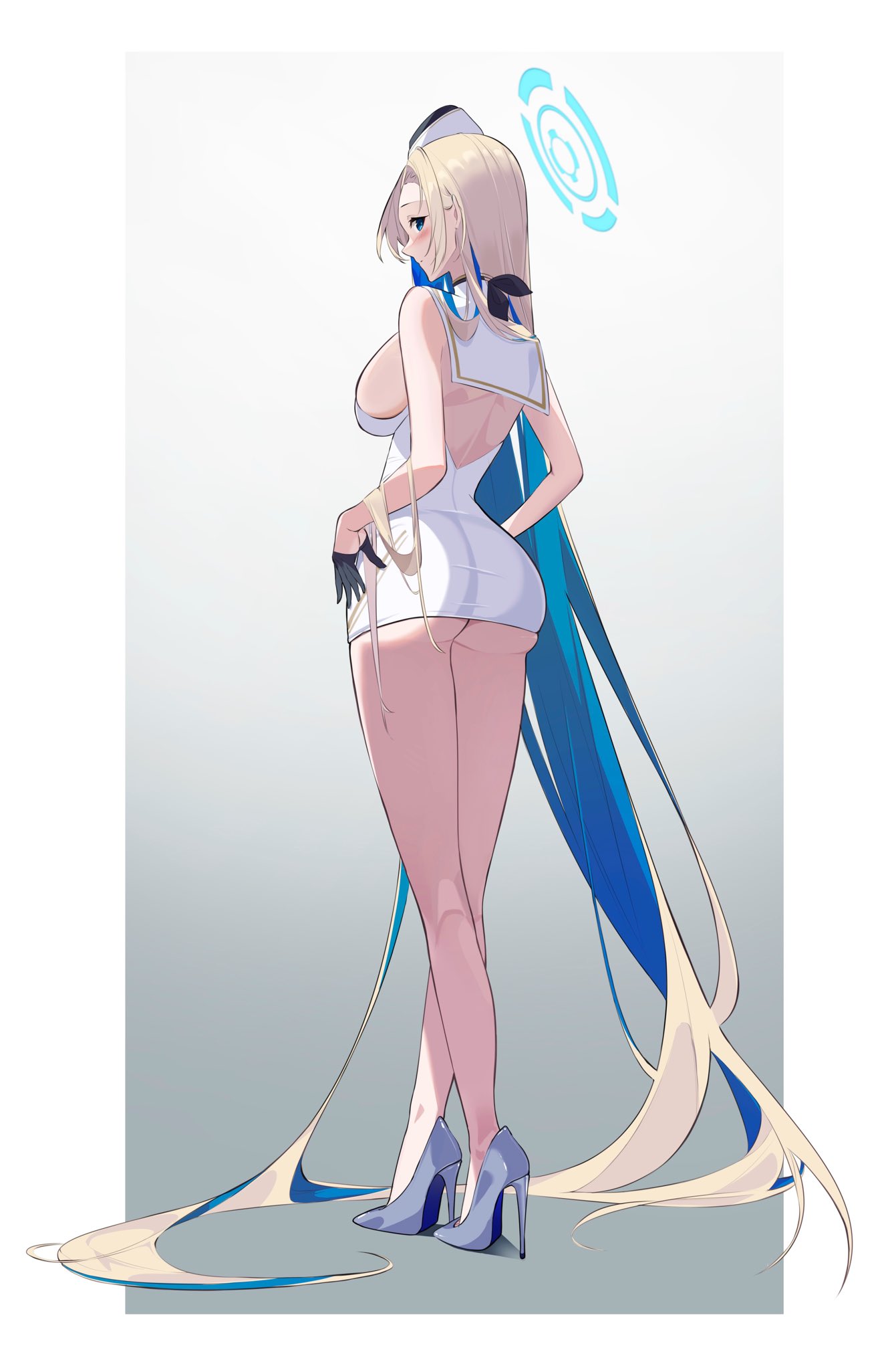 ass asuna_(blue_archive) backboob backless_outfit bare_legs black_hair blonde_hair blue_archive breasts conconcon1031 halo high_heels highres long_hair skin_tight sleeveless very_long_hair white_headwear
