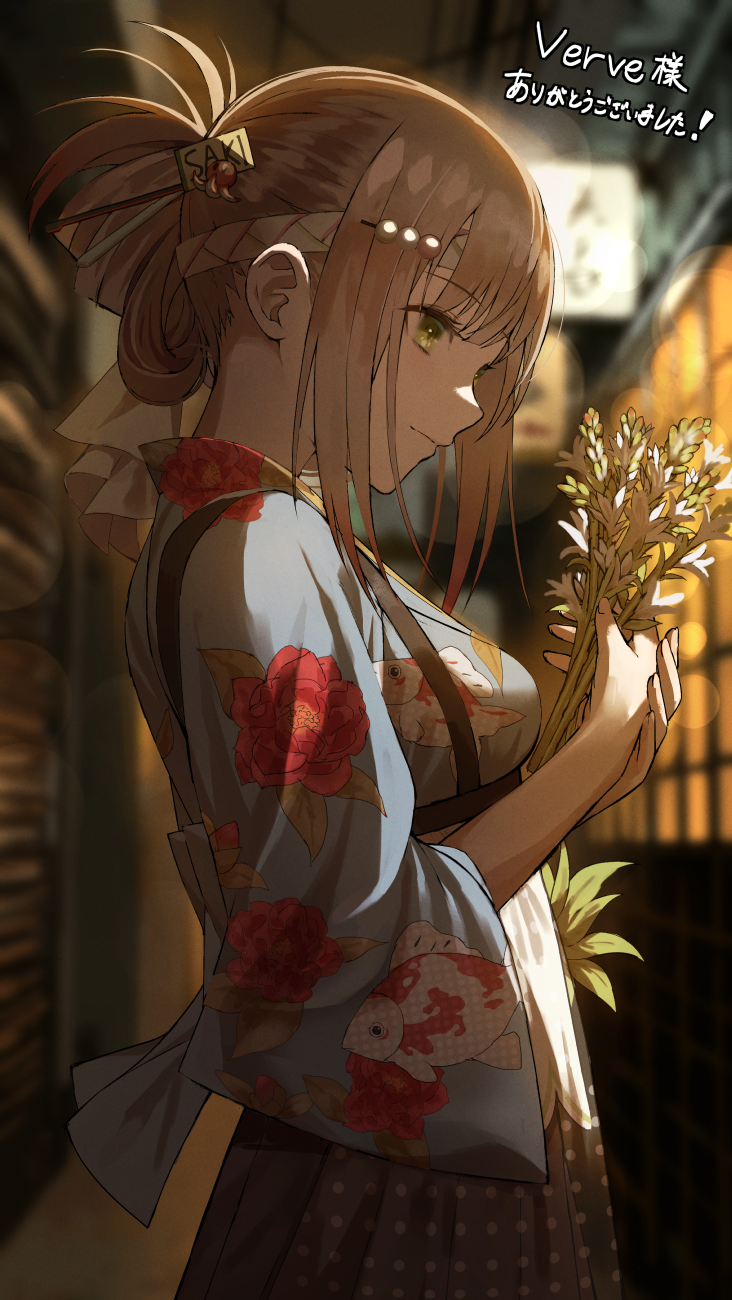 1girl animal_print blue_kimono brown_hair commission cowboy_shot fagi_(kakikaki) fish_print floral_print flower folded_ponytail from_side girls'_frontline_neural_cloud girls_frontline green_eyes hair_ornament hairband hairclip highres holding holding_flower japanese_clothes kimono light_brown_hair light_smile nape official_alternate_costume peony_print print_kimono profile sakuya_(girls'_frontline_nc) sidelocks skeb_commission solo translated