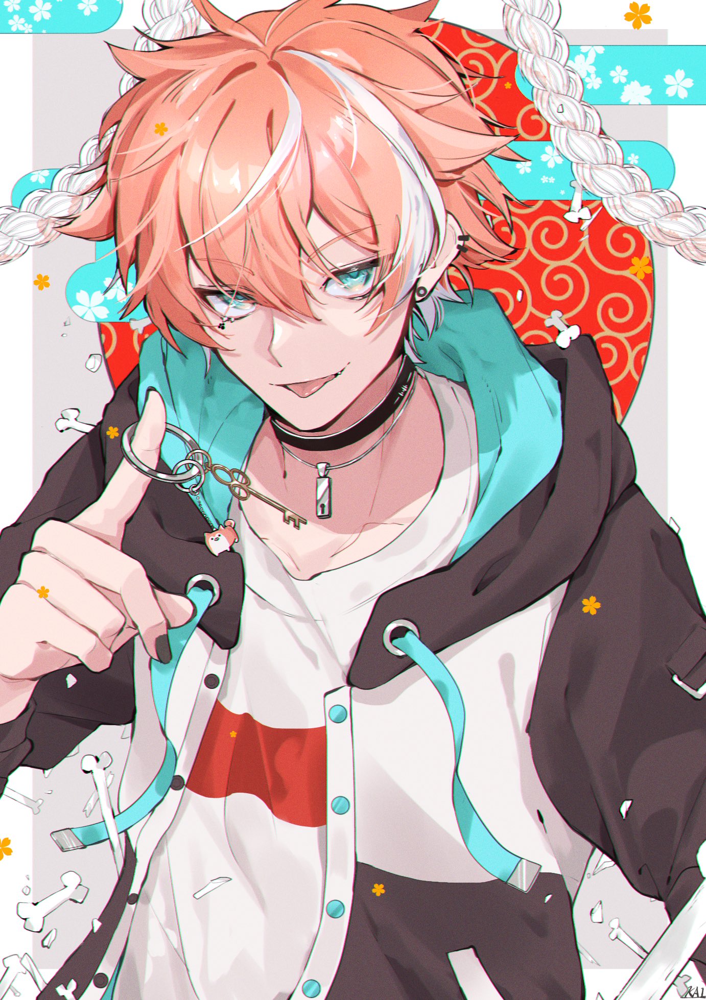 1boy aqua_eyes bishounen black_choker choker ear_piercing earrings green_eyes highres index_finger_raised jewelry ka1_(user_hkdw4252) key long_hair looking_at_viewer male_focus multicolored_hair original piercing pink_hair short_hair solo stud_earrings stuffed_animal stuffed_dog stuffed_toy tongue tongue_out two-tone_hair upper_body white_hair