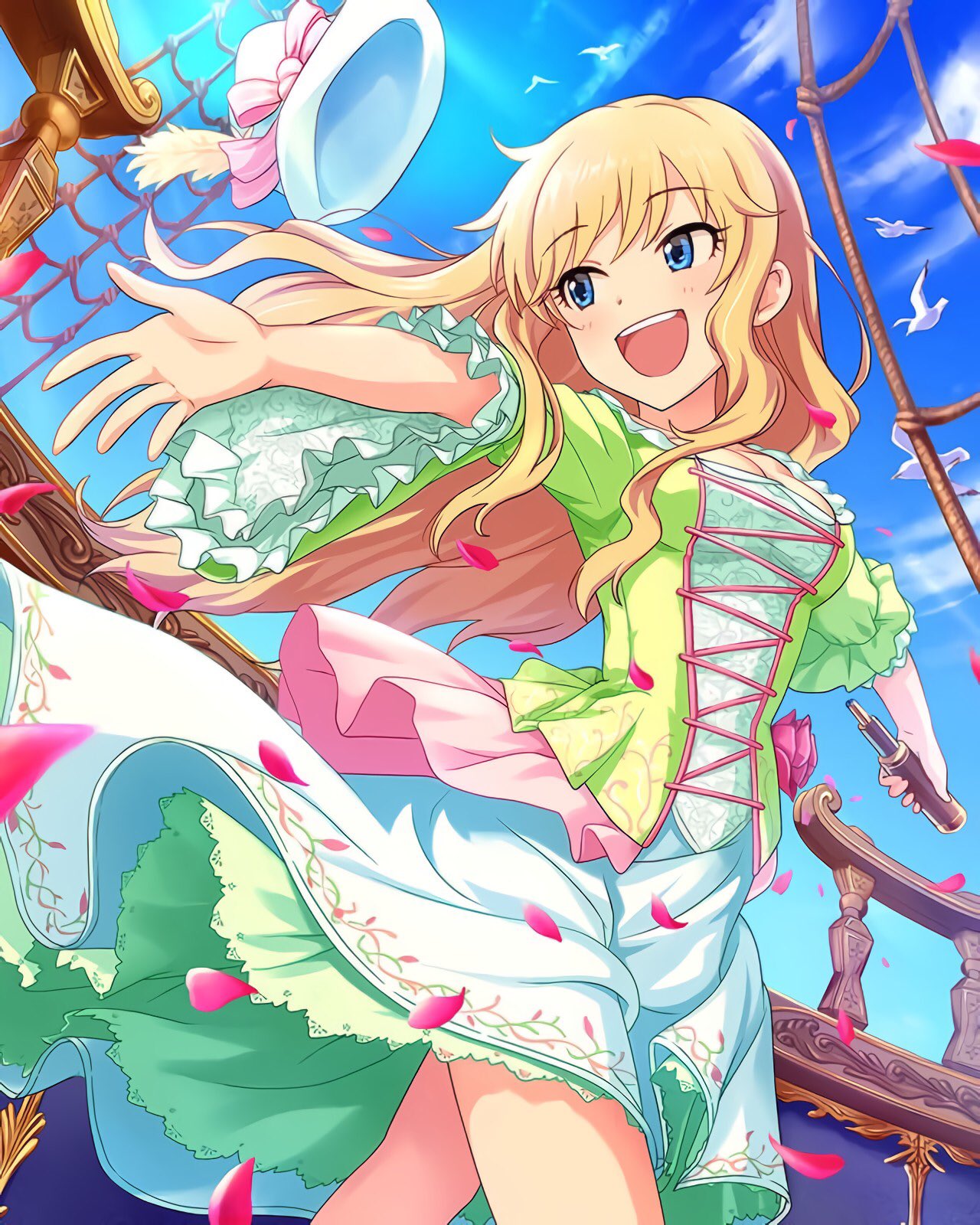 1girl airplane_arms bare_legs bird blonde_hair blue_eyes blue_sky bow bowtie dress floral_print green_dress green_skirt hat highres idolmaster idolmaster_cinderella_girls idolmaster_cinderella_girls_starlight_stage ohtsuki_yui outstretched_arms rope_ladder seagull ship_deck skirt sky spread_arms telescope white_bow white_headwear wooden_railing