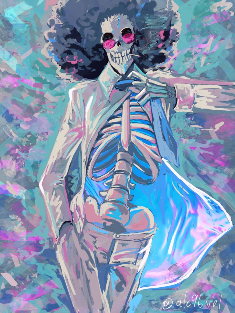 1boy adjusting_clothes adjusting_necktie afro alcohol_(alc96vol) alternate_costume black_hair brook_(one_piece) cigarette collared_shirt feet_out_of_frame formal looking_at_viewer male_focus necktie one_piece open_clothes open_shirt painterly ribs shirt skeleton solo suit sunglasses undead