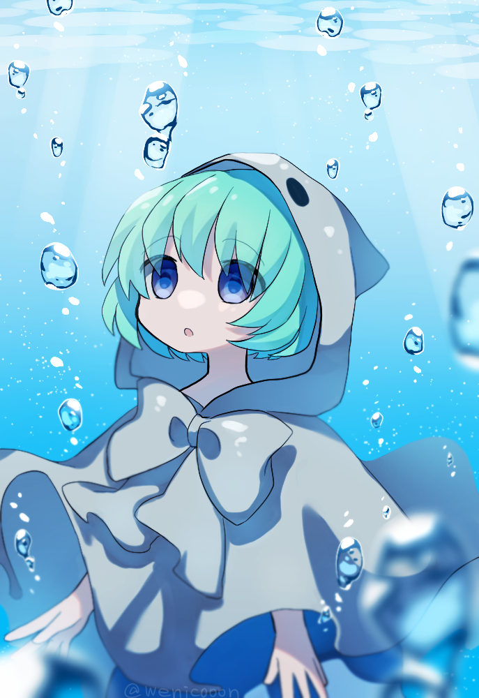 1girl aqua_hair blue_hair bubble ghost ghost_costume hood on_water puyopuyo short_hair solo underwater wenicon_0410 white_hood yu-chan