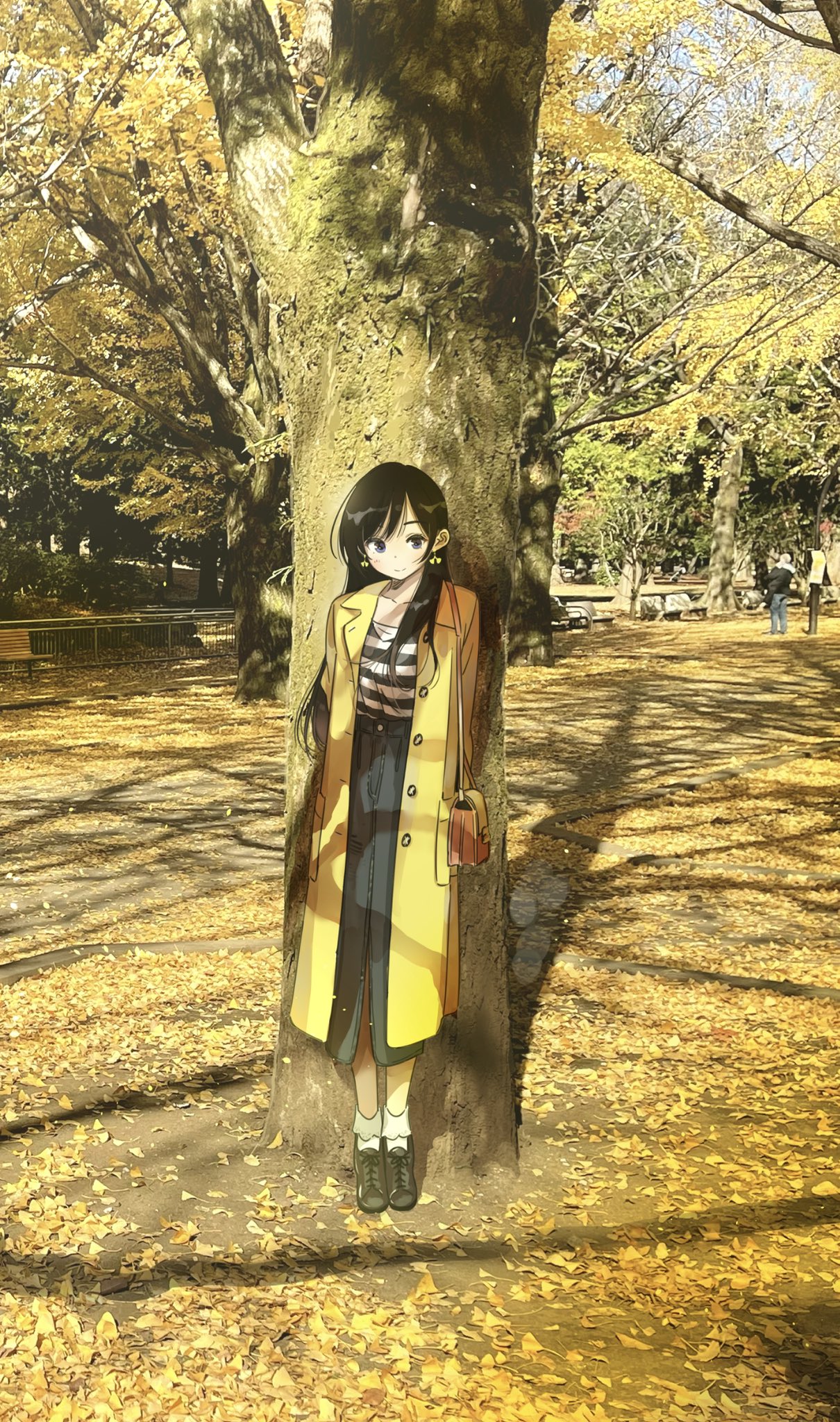 1girl arms_behind_back autumn autumn_leaves bag bench black_footwear black_hair coat collarbone commentary_request day earrings full_body grey_eyes highres jewelry kanojo_okarishimasu leaning_back long_hair looking_at_viewer miyajima_reiji mizuhara_chizuru official_art open_clothes open_coat outdoors park photo_background shirt shoulder_bag smile socks solo standing striped striped_shirt swept_bangs tree white_socks yellow_coat